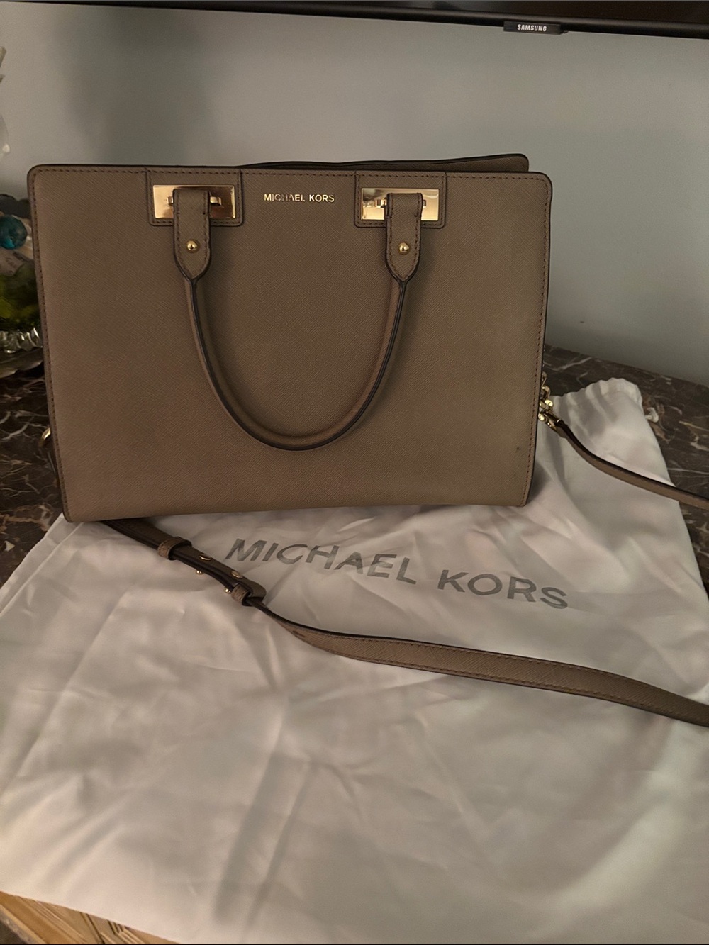 Michael Kors Taupe Saffiano Leather Satchel with Gold Hardware
